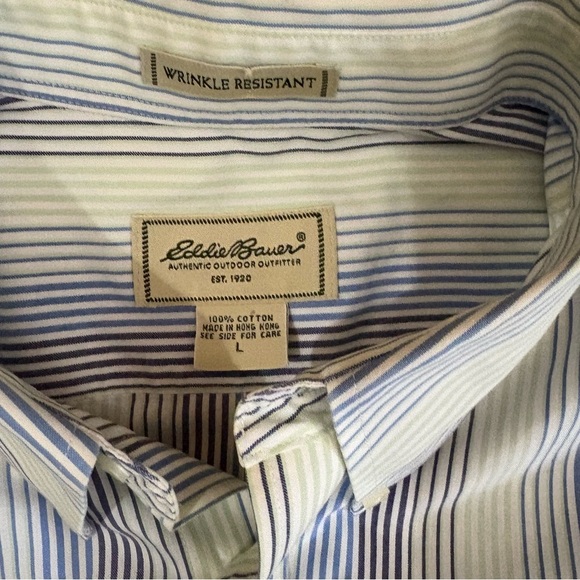 Eddie Bauer Mens Sz L Button Down Shirt Wrinkle Resistant Blue Green Striped LS - Picture 2 of 8